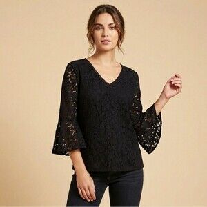 LOFT | Black Floral Lace Bell Sleeve Blouse Victorian Whimsigoth Romantic XS